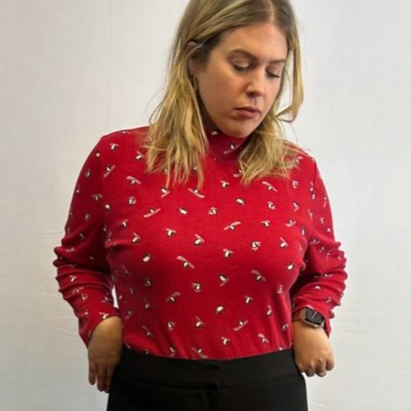 Karen Scott Red Penguin Mock Neck Shirt - Picture 1 of 5